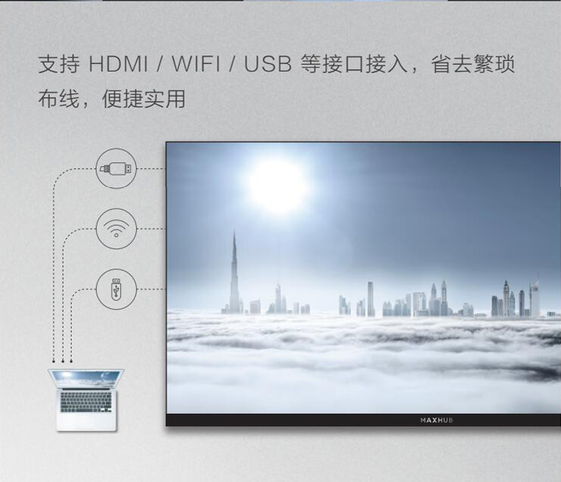 支持HDMI/WIFI/USB等接口接入，省去繁琐布线，便捷实用